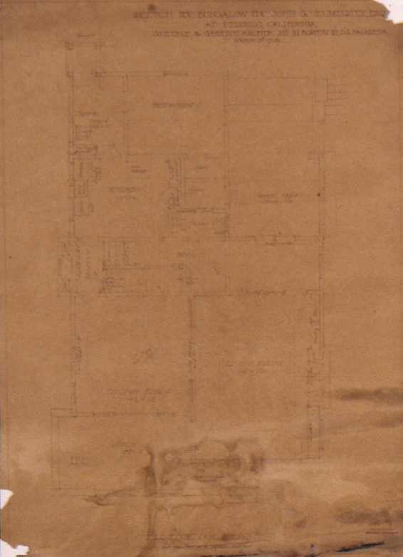 The Col. John G. Neumeister Bungalow first floor plan sketch by Greene & Greene, Redondo Beach, California, 1910