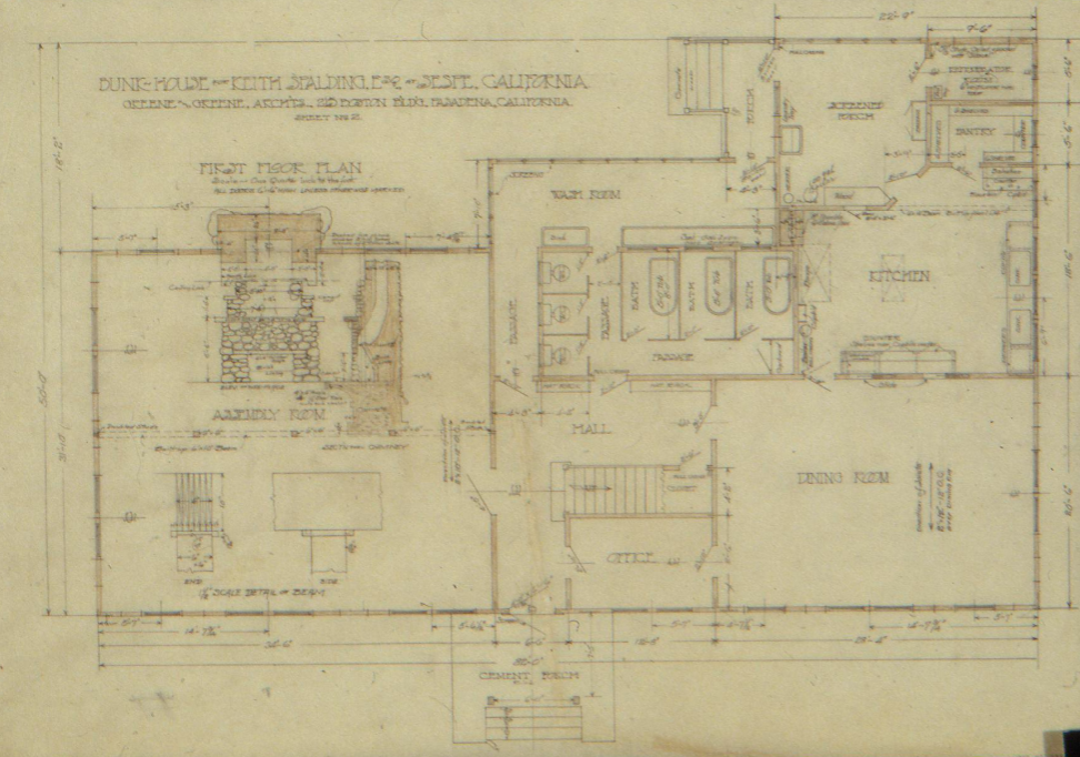 Greene & Greene original first floor plan drawing of The Sespe Ranch Bunkhouse showing the dining room, kitchen, and assembly hall