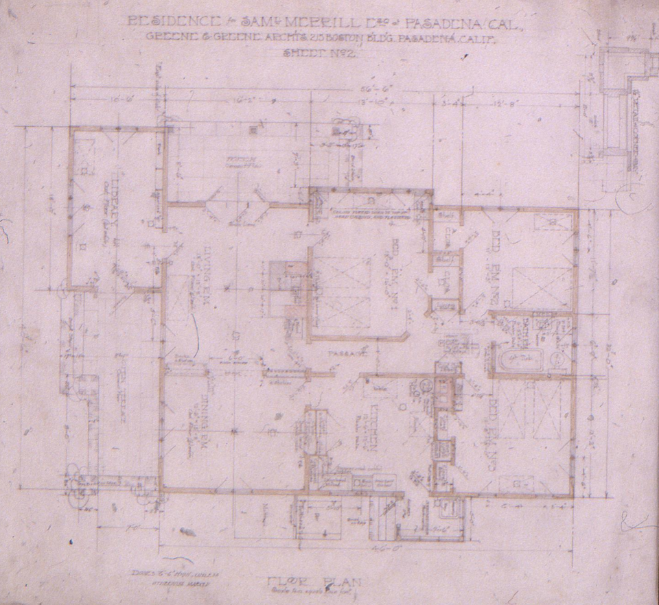 Main floor plan drawing of The Samuel Merrill House by Greene & Greene showing the L-shaped room layout, Sheet No. 2