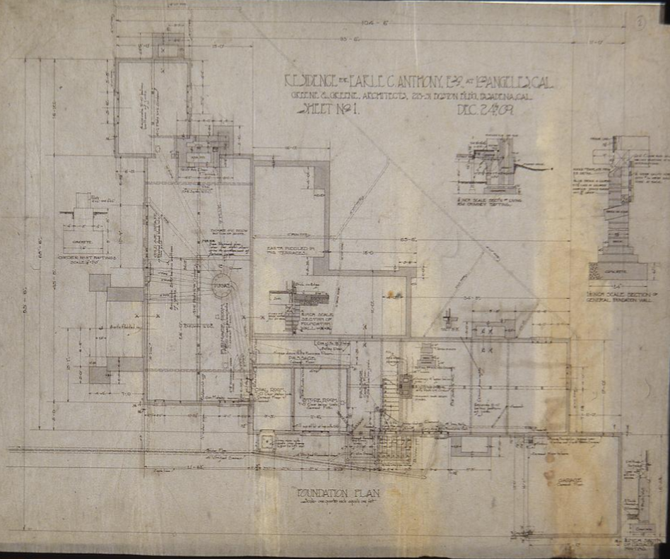 Original 1909 Greene and Greene foundation plan drawing of The Earle C. Anthony house, Sheet No. 1, with wall sections