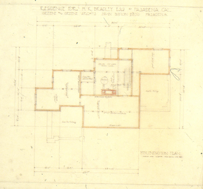 The Henry K. Bradley House foundation plan drawing by Greene & Greene Architects for Pasadena, California