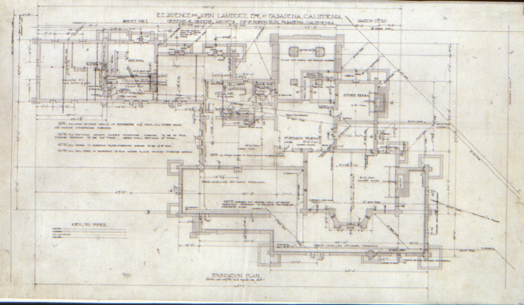 The John Lambert House foundation plan drawing by Greene & Greene with cellar and pipe key, March 1910