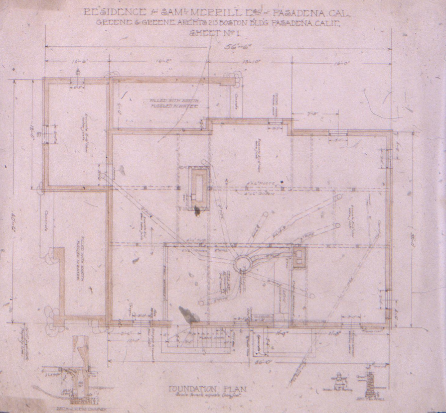Original foundation plan drawing of The Samuel Merrill House by Greene & Greene architects, Sheet No. 1