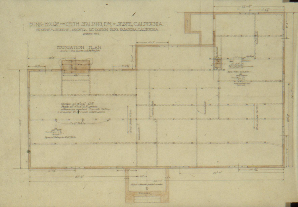 Greene & Greene original foundation plan drawing of The Sespe Ranch Bunkhouse on cream paper detailing the structural base and pier layout