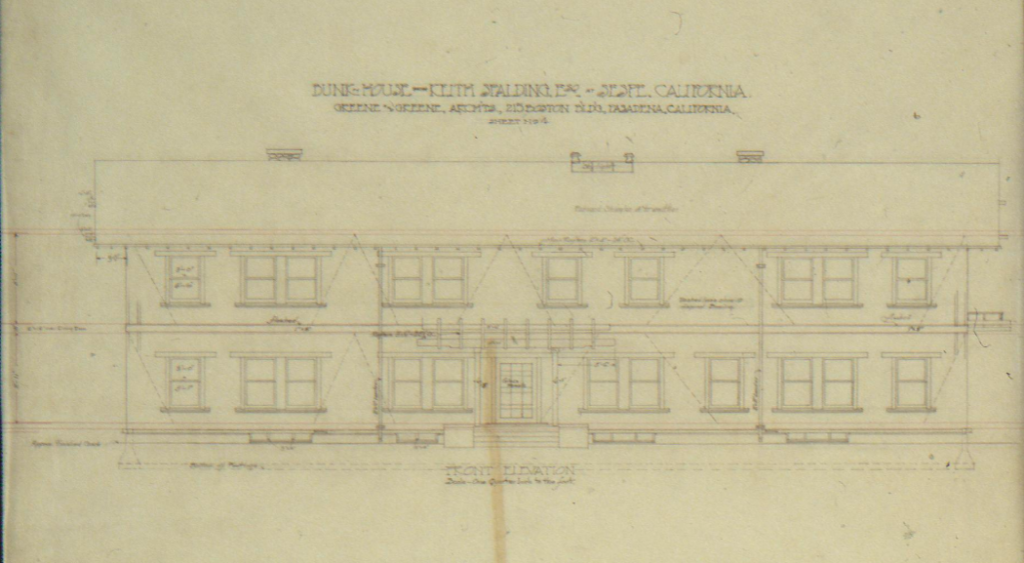 Greene & Greene original front east elevation drawing of The Sespe Ranch Bunkhouse depicting the main entry facade and porch
