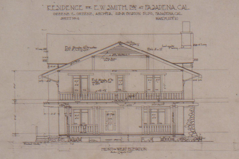 Original front west elevation drawing of The Ernest W. Smith House with full-width porch and stone foundation