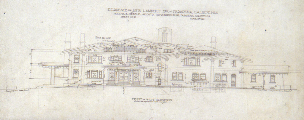 The John Lambert House front west elevation drawing by Greene & Greene showing masonry facade, 1910