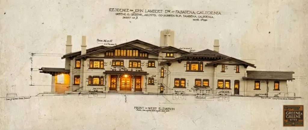 The John Lambert House front west elevation color rendering by Greene & Greene at twilight, 1910