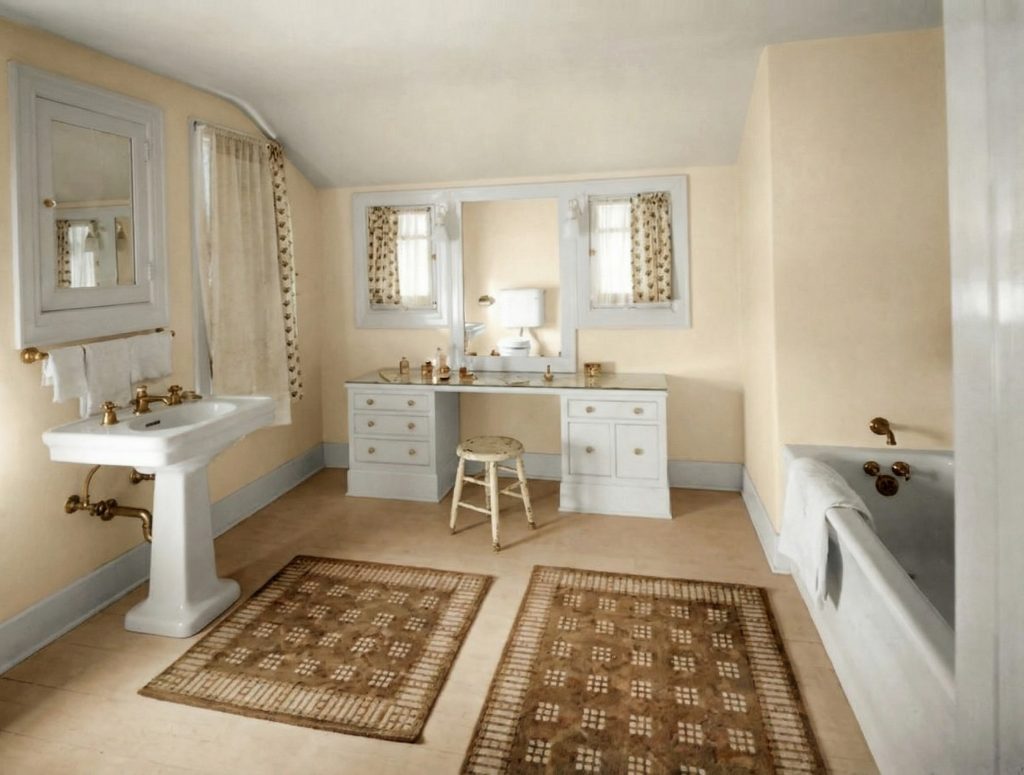 A bathroom in The Mortimer Fleishhacker Estate in 1915, with classic fixtures, tiled floor, and simple, elegant design.