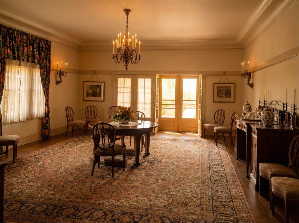 An alternate 1915 photo of the dining room at The Mortimer Fleishhacker Estate, showing the table set and garden views.