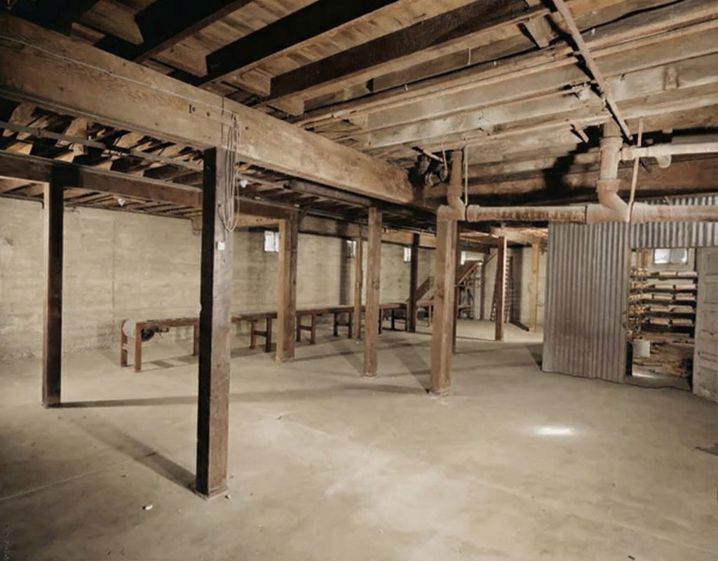 Interior photograph of the basement of The Sespe Ranch Bunkhouse showing the concrete foundation added during the 1937 relocation