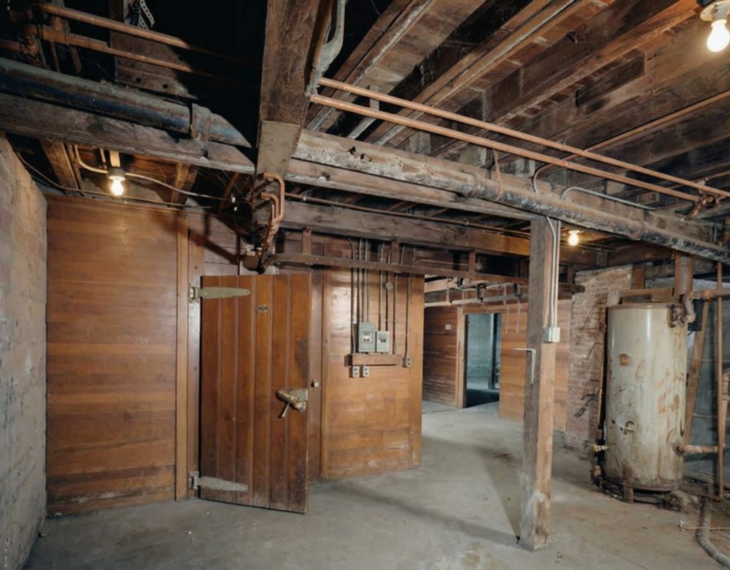 Alternate interior view of the basement of The Sespe Ranch Bunkhouse revealing structural supports and the concrete foundation walls