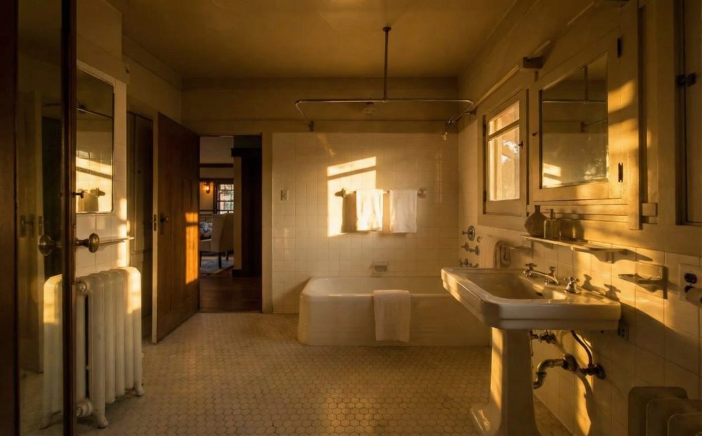 A bathroom in The Dr. S. S. Crow House, featuring period-appropriate tiling, a classic pedestal sink, and simple, elegant wood-framed windows.