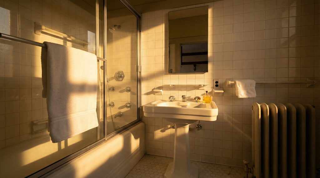 Another view of a bathroom in The Dr. S. S. Crow House, with classic white tiling, a built-in bathtub, and characteristic Greene & Greene woodwork.