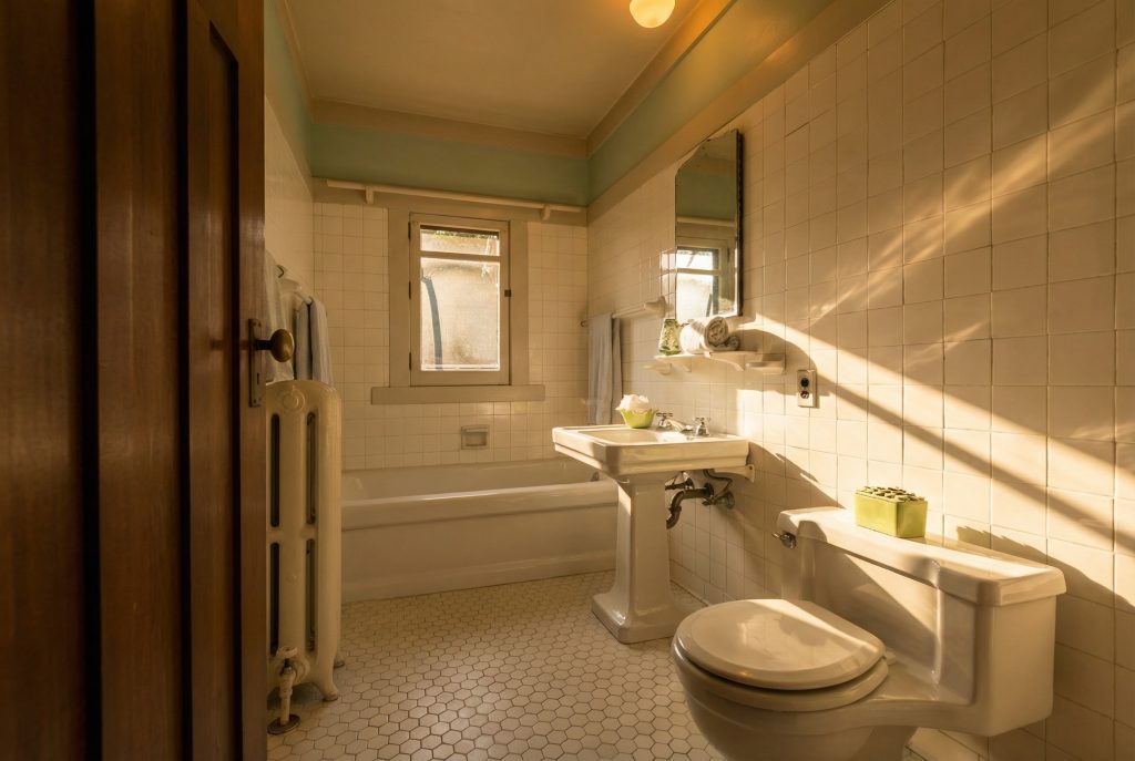 A third bathroom in The Dr. S. S. Crow House, showcasing hexagonal floor tiles, a pedestal sink, and a large mirror reflecting the room's light.