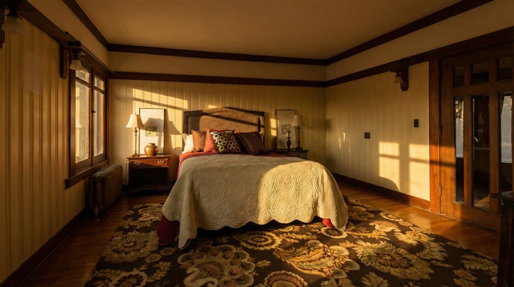A second bedroom in The Dr. S. S. Crow House, with a cozy fireplace, built-in cabinetry, and large windows looking out onto the private gardens.