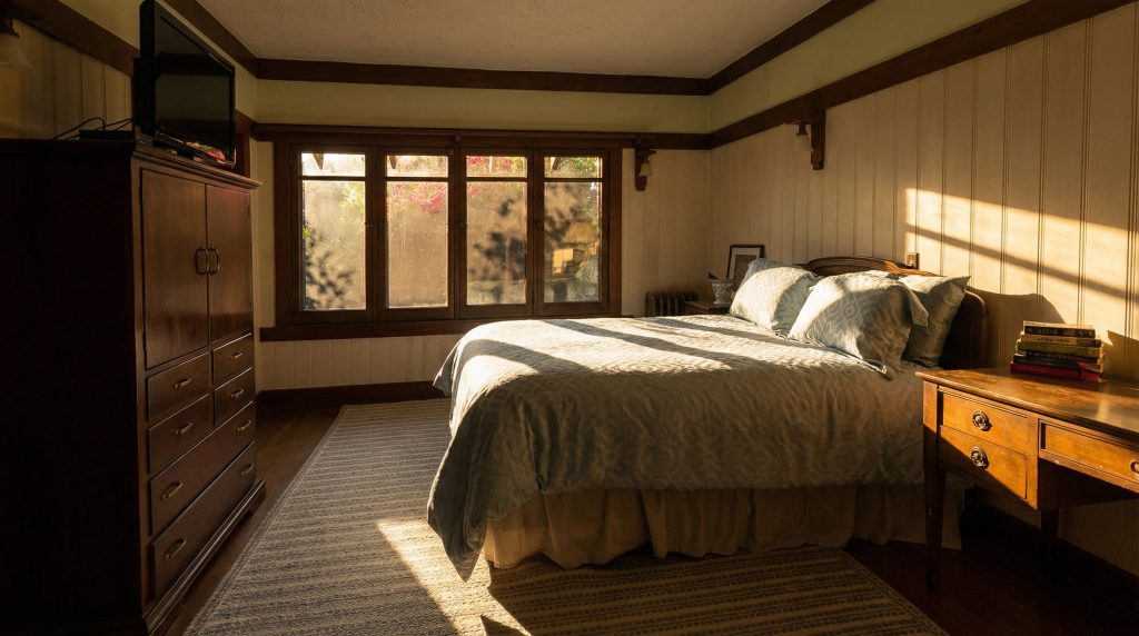 A spacious third bedroom in The Dr. S. S. Crow House, characterized by its warm wood tones, ample light, and direct connection to the outdoors.