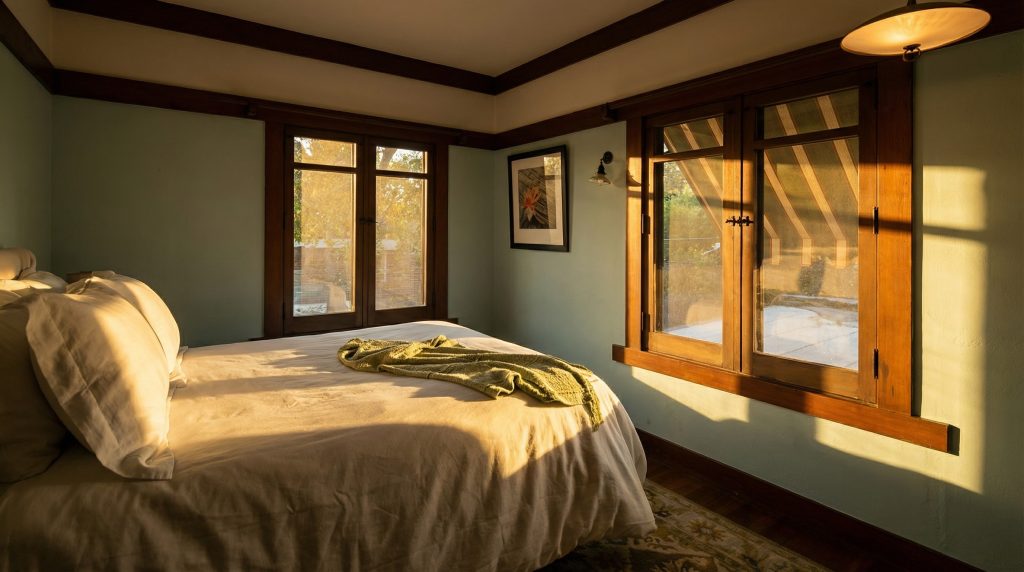 The fourth bedroom of The Dr. S. S. Crow House, a peaceful retreat with simple furnishings and the signature high-quality woodwork of Greene & Greene.