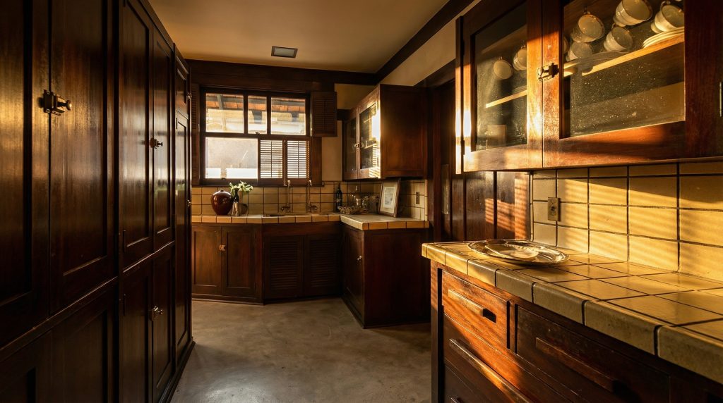 The functional and beautifully crafted butler's pantry in The Dr. S. S. Crow House, with extensive wood cabinetry, countertops, and a sink.