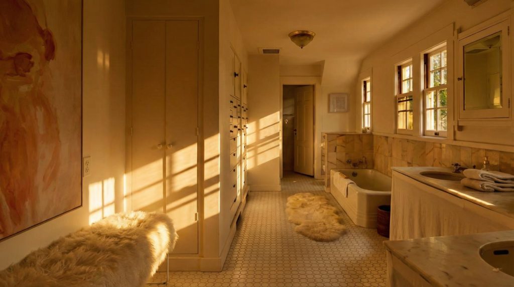 A contemporary bathroom in The Mortimer Fleishhacker Estate, updated while respecting the home’s historic character.