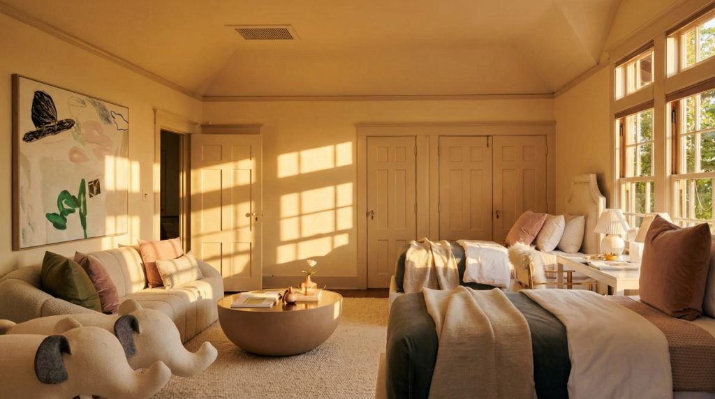 A contemporary bedroom in The Mortimer Fleishhacker Estate, offering serene views of the surrounding landscape and gardens.