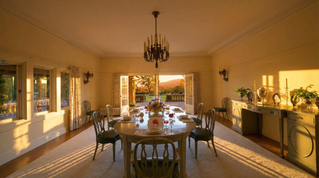 The dining room of The Mortimer Fleishhacker Estate today, a space that blends historic architecture with modern living.