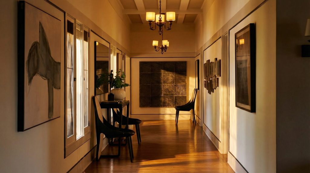A long, art-lined hallway in The Mortimer Fleishhacker Estate, bathed in golden light from its chandelier and hardwood floors.