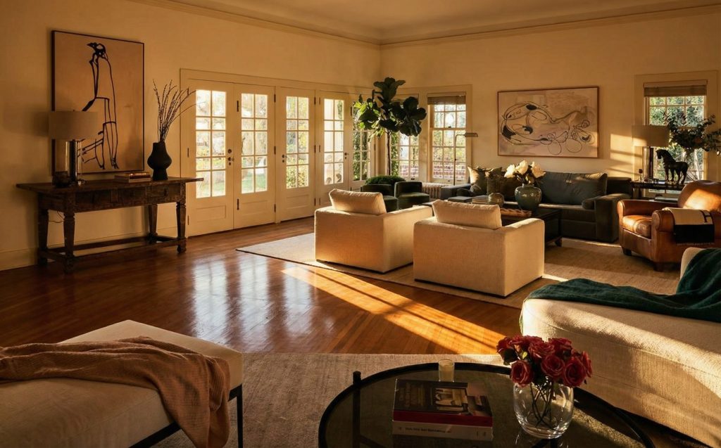 The spacious living room of The Mortimer Fleishhacker Estate, with French doors to the garden, modern furnishings, and warm light.