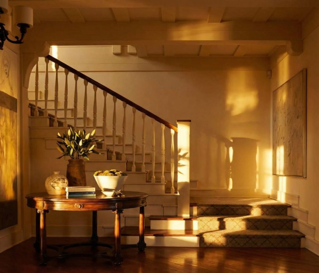 The sunlit main staircase of The Mortimer Fleishhacker Estate, with turned balusters, warm hardwood floors, and a foyer table.