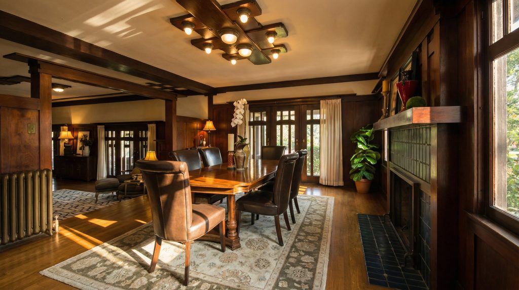 The elegant dining room of The Dr. S. S. Crow House, featuring a fireplace, exquisite wood paneling, and a view towards the living room.