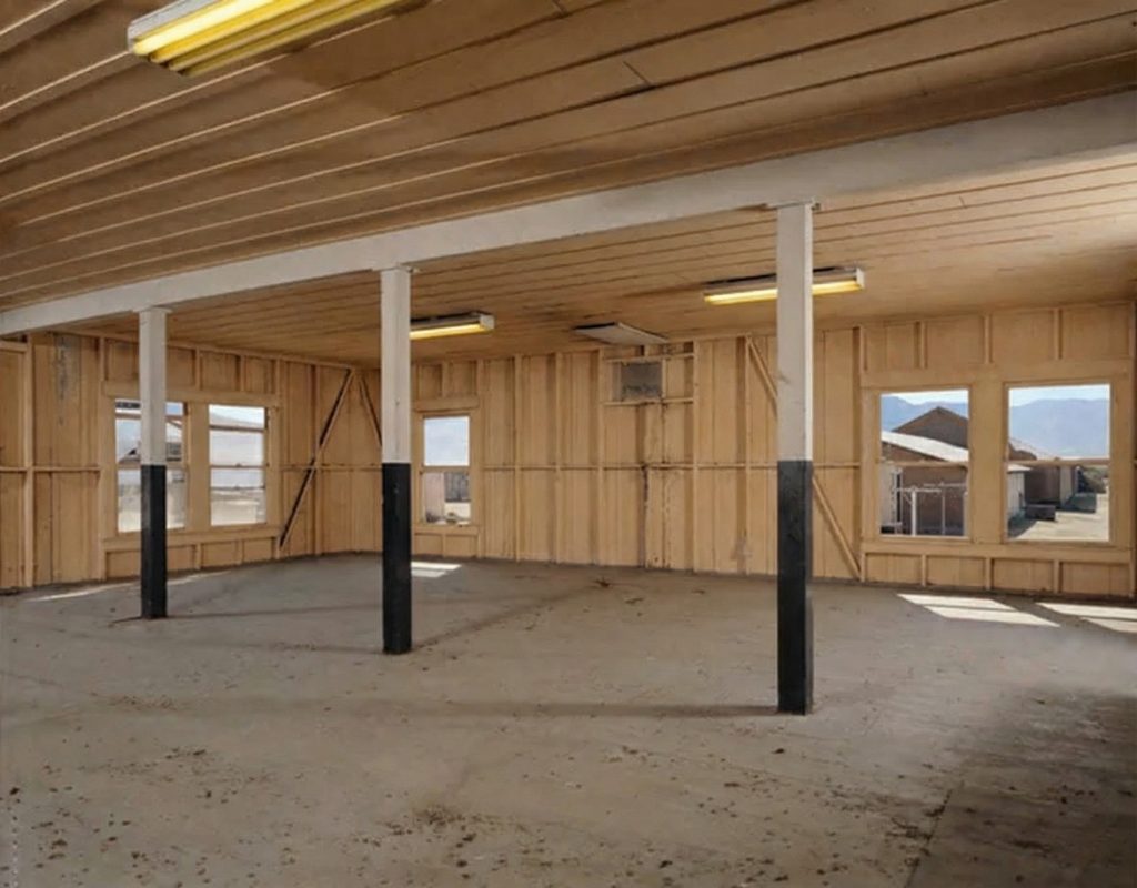 Interior view of the first floor assembly room of The Sespe Ranch Bunkhouse with exposed wood-frame walls and support columns