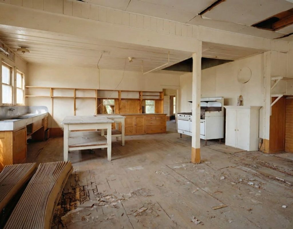 Interior of the first floor kitchen of The Sespe Ranch Bunkhouse with original wood cabinetry, work tables, and commercial stove