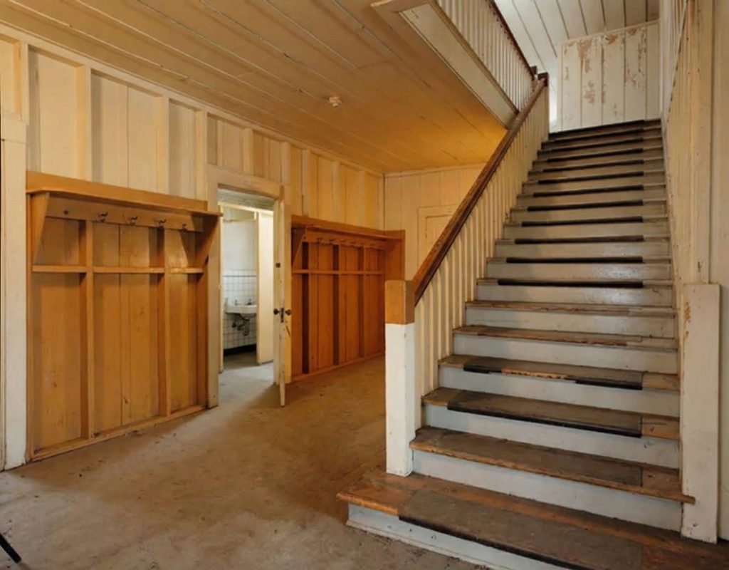 Interior first floor staircase of The Sespe Ranch Bunkhouse showing wood steps, coat hooks, and board-and-batten wall paneling