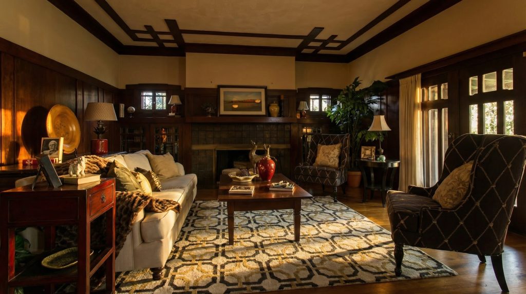 The magnificent living room fireplace of The Dr. S. S. Crow House, a focal point of clinker brick and tile, surrounded by masterful woodwork.