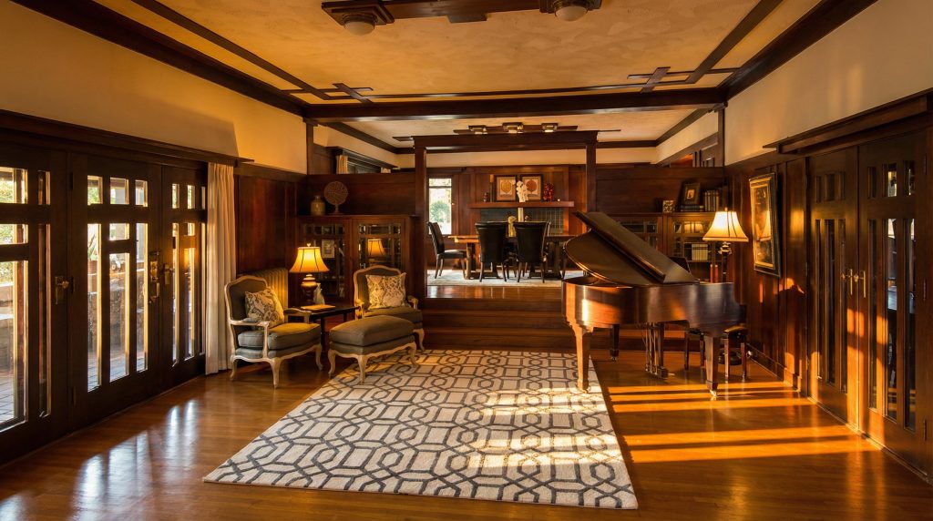 A wide view of the living room in The Dr. S. S. Crow House, showing a grand piano and the open transition into the adjacent, elegant dining room.