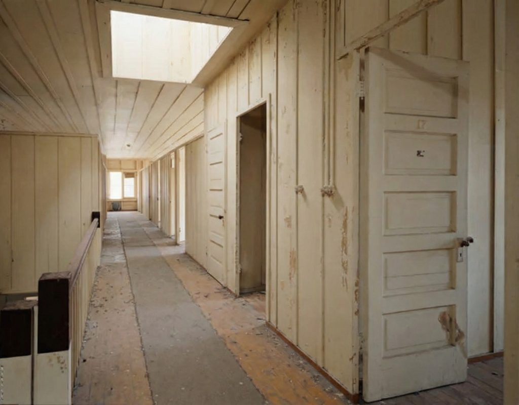 Interior view of the second floor hallway of The Sespe Ranch Bunkhouse showing the corridor leading to twenty sleeping rooms