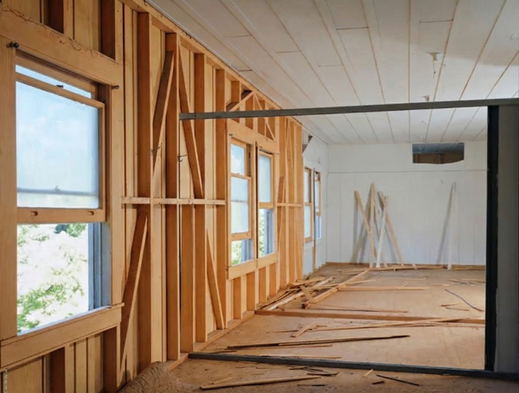 Interior view of second floor sleeping rooms in The Sespe Ranch Bunkhouse showing partitions that stop below the ceiling for airflow