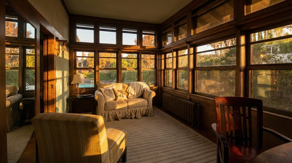 The cozy sitting room in The Dr. S. S. Crow House, a comfortable space with a fireplace, built-in bookshelves, and warm wood paneling.