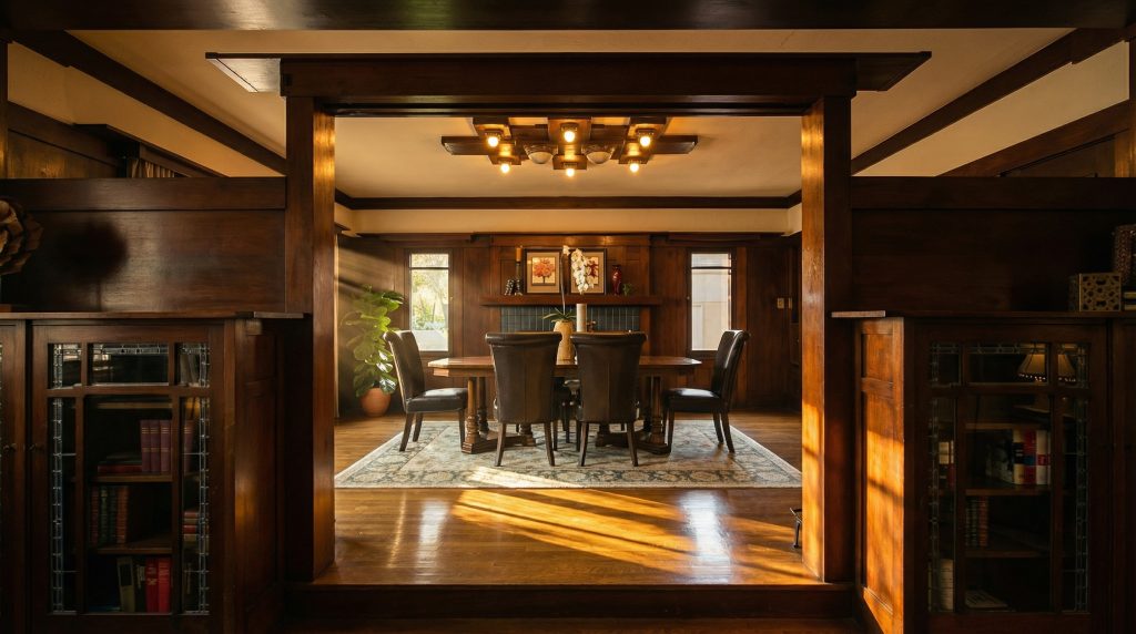 A view looking towards the dining room of The Dr. S. S. Crow House, with its elegant table setting and beautiful wood-paneled walls visible.