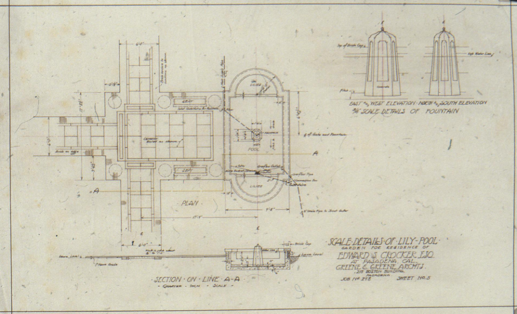 1912 architectural drawing showing the plan and details for the lily pool in the gardens of The Dr. S. S. Crow House, part of the Crocker additions.