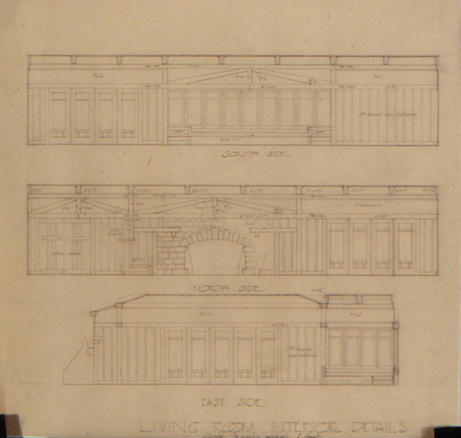 Architectural drawing of living room interior details at The Judge Charles K. Silent Houses by Greene & Greene