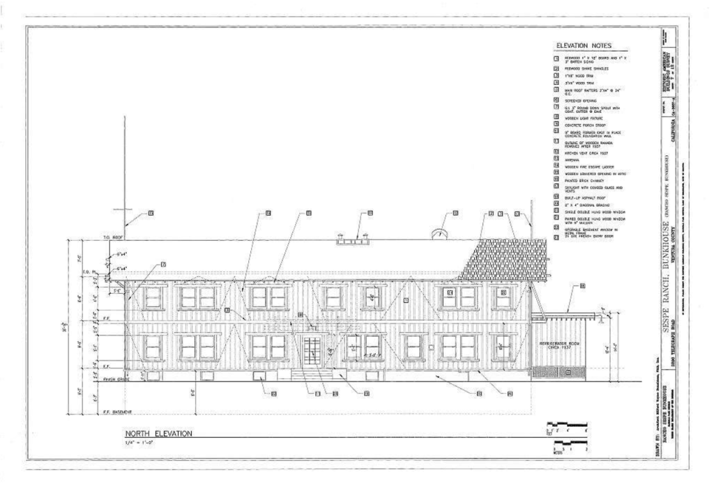 HABS 1997 measured north elevation drawing of The Sespe Ranch Bunkhouse documenting the facade after the wooden ramada was removed