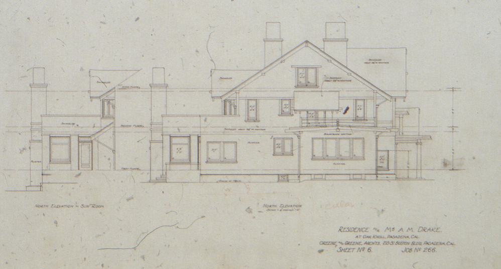 North elevation and sun room architectural drawing of The Mr. A. M. Drake House by Greene & Greene, Sheet No. 6