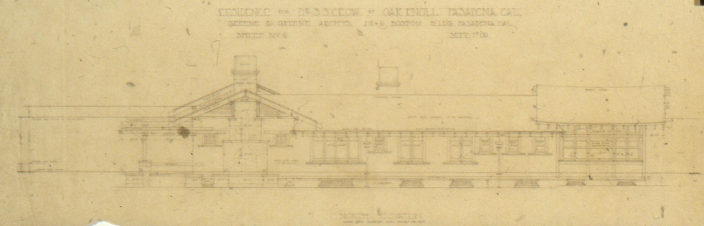 Original 1909 north elevation architectural drawing for The Dr. S. S. Crow House, showing the design of the home's rear-facing facade.