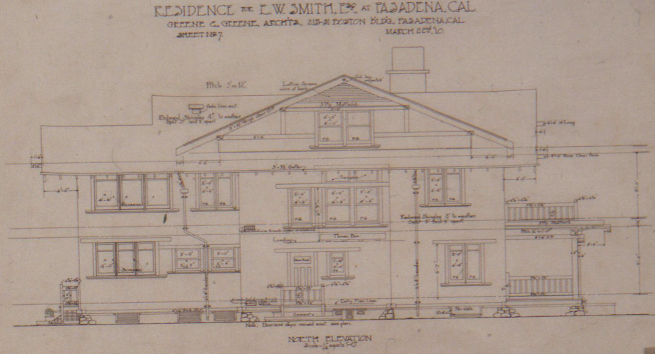 Architectural north elevation drawing of The Ernest W. Smith House by Greene & Greene with arroyo stone chimney