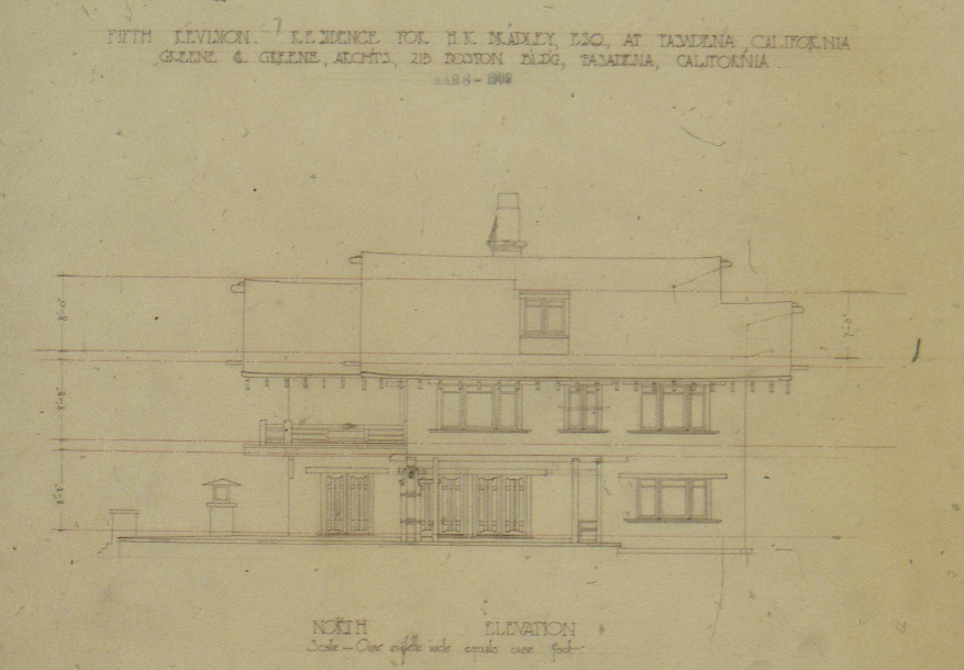 The Henry K. Bradley House north elevation drawing, fifth revision by Greene & Greene with exposed rafter tails