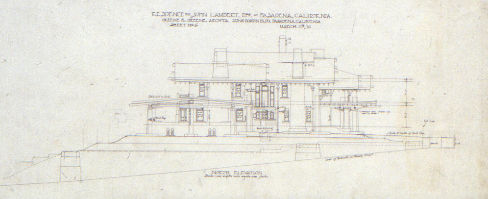 The John Lambert House north elevation drawing by Greene & Greene depicting the hillside site, 1910