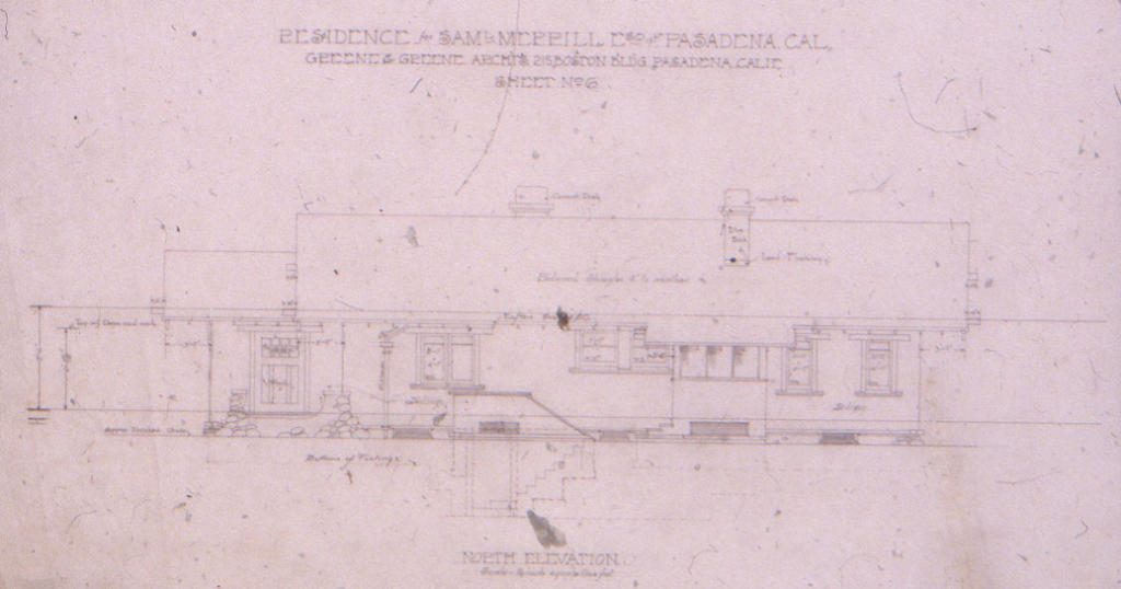 Greene & Greene north elevation architectural drawing of The Samuel Merrill House showing rear profile, Sheet No. 6