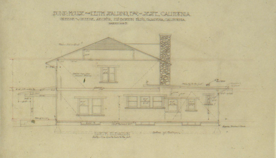 Greene & Greene original north elevation drawing of The Sespe Ranch Bunkhouse showing the river rock chimney and ramada porch design