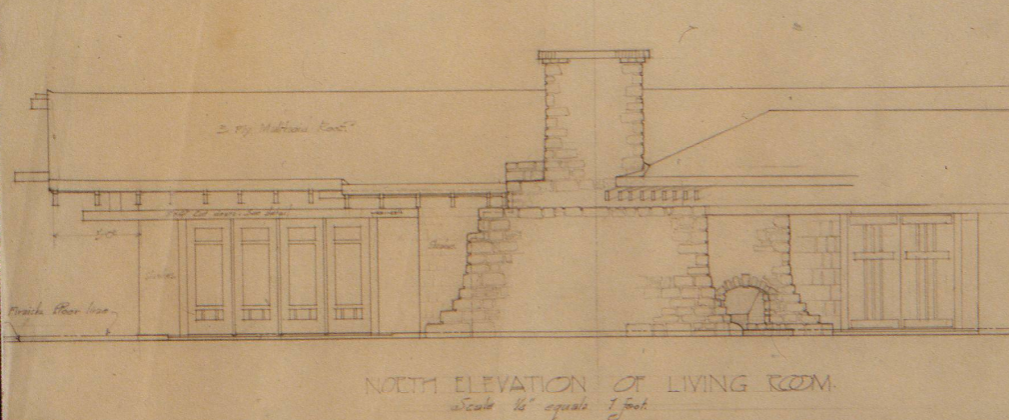 North elevation architectural drawing of the living room at The Judge Charles K. Silent Houses in Glendora, CA